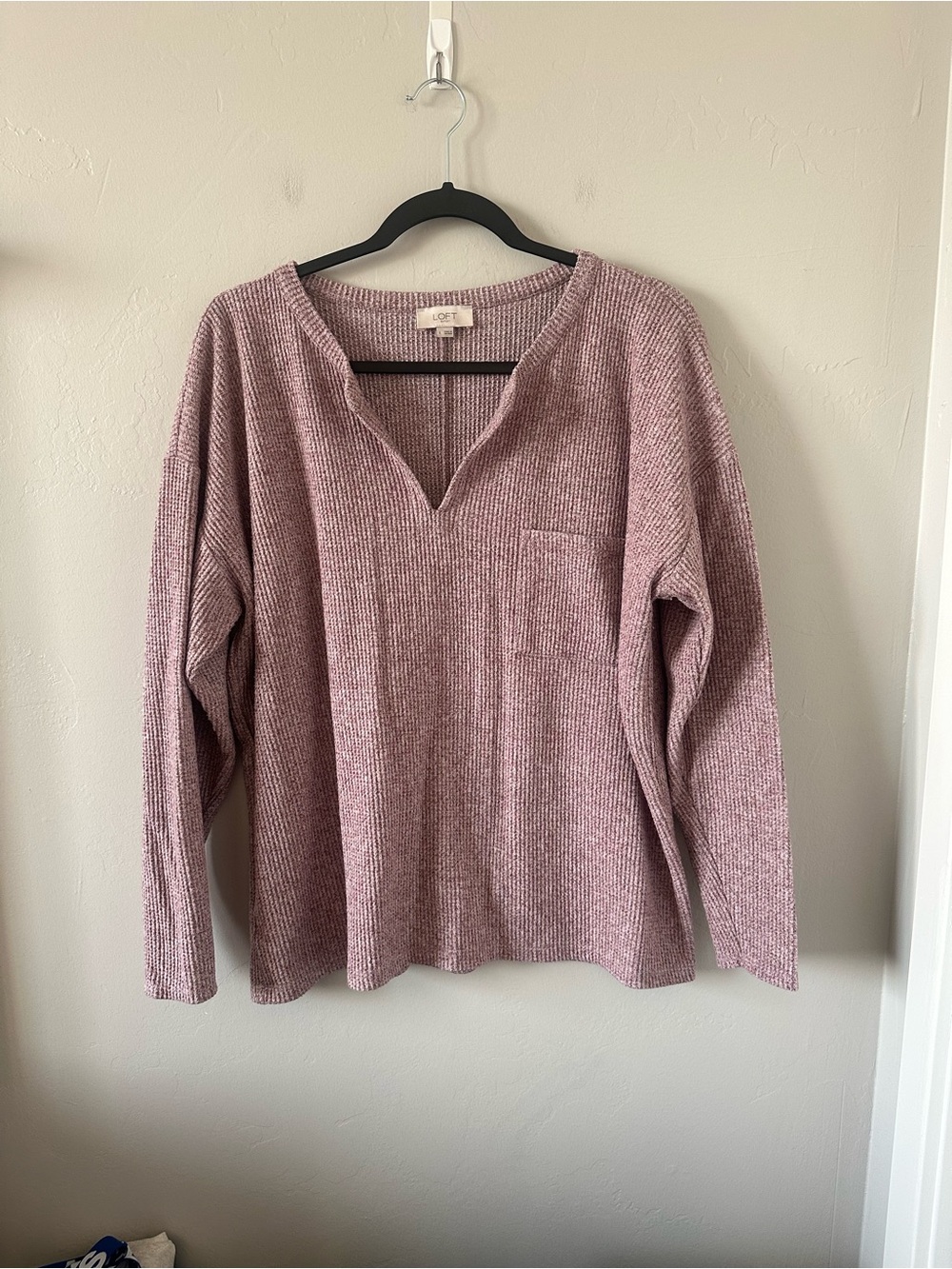 LOFT Mauve Ribbed V-Neck Pocket Pullover